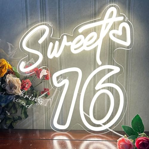 Sweet 16 Neonschild für Wanddekoration – personalisiertes LED-Licht für 16 Geburtstage – Mädchenschlafzimmer Happy Birthday Party Wanddekoration Geschenk – Warmweiß
