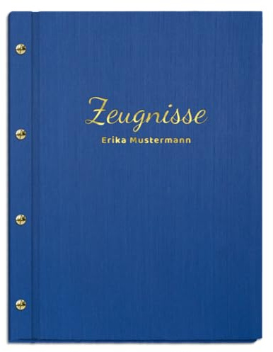 Handgefertigte Zeugnismappe mit eigenem Namen in blauer Leinenoptik | für Zeugnisse in DIN A4 - inkl. 12 Sichthüllen - handgefertigt und personalisierbar mit eigenem Namen