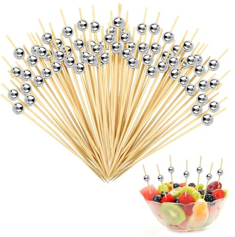 VINEST 200 brochetas desechables para cócteles, palillos de bambú con perlas redondas, pinchos para aperitivos y aperitivos, para frutas, aperitivos, decoración de cócteles (plata)