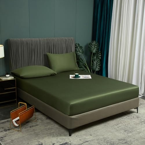 Bambu spännlakan 200 x 200 cm grön olivgrön antibakteriell mjuka spännlakan kylande 100 % bambu dra-på-lakan set dubbelsäng uni linne för hög madrass hög midja upp till 25–30 cm