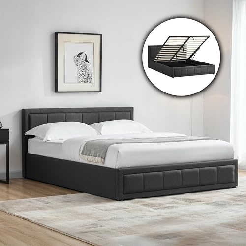 Vida Designs Vanita King Ottoman Bed Frame | Dark Grey | 85 H x 161 W x 216 D cm | Upholstered Fabric | Cushion Headboard | Gas Lift | Large Storage | Space-Saving | Premium Bedroom Furniture