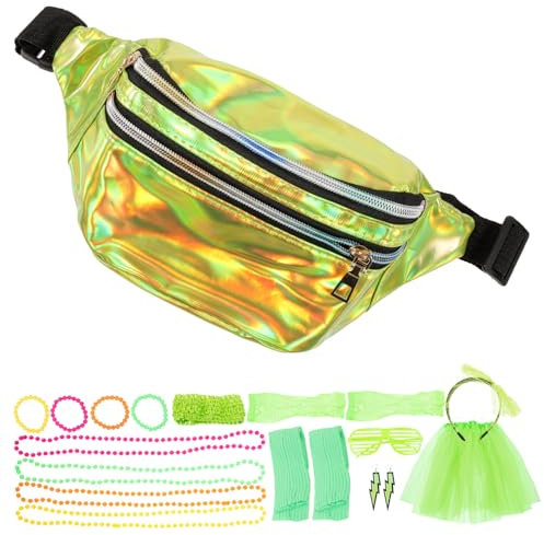 MOBUTOFU 1satz Retro Damen Kostüm Zubehör Für Party Neon Accessoires Mit Halskette Armband Handgelenk-handschuhen Und Stirnband Grasgrün Für Mottopartys Und