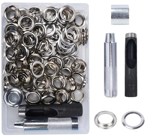 Luabue Lot de 100 œillets de 17 mm en métal argenté - Kit de réparation d'œillets de bâche - Œillets de 1,7 cm pour tissu, cuir, bâche, rideaux, bricolage et décoration
