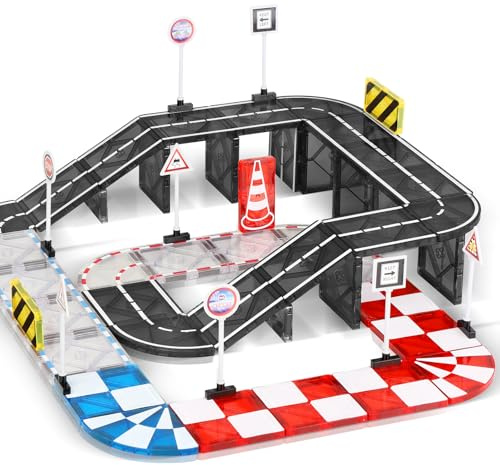 Magnetic Tiles Road Set, STEM Racing Track Expansion Pack Magnetic Building Blocks for Kids Christmas Birthday Gifts for 3+ Year Old Boys Girls