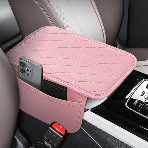 frani Auto-Mittelkonsolen-Abdeckung, Leder-Armlehnenbezug mit 2 Aufbewahrungstaschen, Universal-Armlehnenbezug, Auto-Innenzubehör, Schutz für die meisten Fahrzeuge, Hellrosa