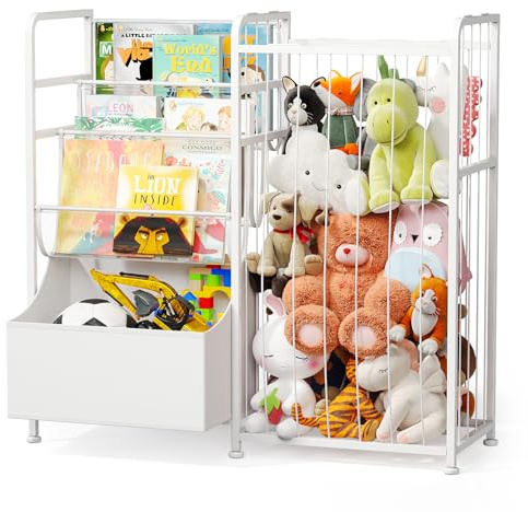 BBLIKE Kids Bookshelf and Stuffed Animal Storage - Multi-Function Nursery Book Shelves with Leather Toy Box and PVC Book Display, Toy Organizer for Playroom, Bedroom, Nursery, White
