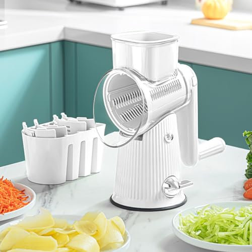 NTDMSFWM 5 In 1 Rotary Cheese Grater 5 In 1 Rotary Grater With Handle Cheese Shredder Kitchen 5 In 1 Vegetable Cutter Slicer Hand Crank Cheese Grater(White)
