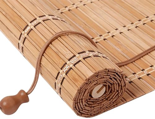 Bamboo Roller Blinds for Interior Windows and Patio - Custom Size, UV Protection, Light Filtering, Indoor/Outdoor, Easy to Install - F + Carbonized Color