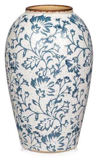Keramikvase Weiß und Blau Handgemachte Vintage Blumenvasen Deko Vase Tischvase aus Keramik für Deko Wohnzimmer Home Office, Vase für Pampasgras, Rustikales Antikes Dekor, Tischdeko, Trockenblumen