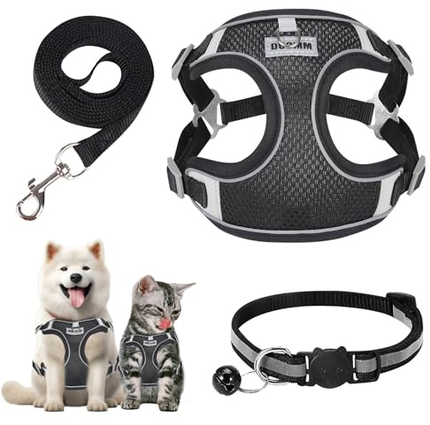 Dog Harness Breathable Vest, Step-in Cat Puppy Harness and Lead Sets Adjustable Escape Proof Reflective Anti Pull Set with Collar for Small Medium Pet Training or Walking Safety (M)