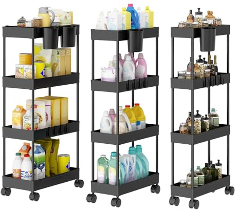 Shrivee Pack of 4 sidovagn för badrum med hjul i 3 nivåer, utrymmesbesparande vagn med krokar och köksmuggar kontor (svart)
