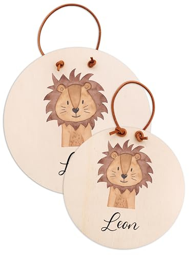 wunderwunsch Türschild Kinderzimmer, Namensschild, Holzschild Kinder personalisiert, Kids and Baby, Deko Babyzimmer individualisiert (Löwe, 20cm Durchmesser)
