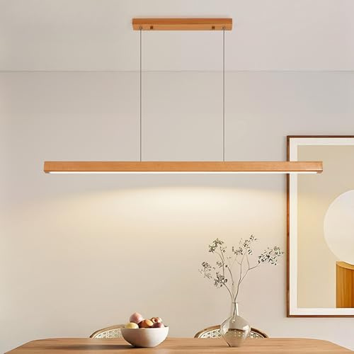 Bellastein LED Holz Pendelleuchte Esstisch Hängeleuchte, Linear design Dimmbar mit Fernbedienung Pendellampe, Höhenverstellbar Holzlampe für Esstischlampe Esszimmer Büro Küche Lampe (Holz, 100cm)