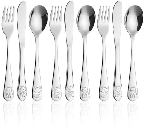 9 Pièces Couverts Enfant en INOX, 3 x Fourchette 3 x Cuillère 3 x Couteaux pour Enfants Bébé Maison l'école Utilisation (Argentél)