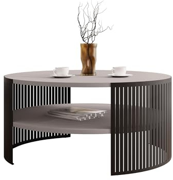 Mirjan24 Couchtisch Fahugin, runde Form (Cashmere, Schwarz) | Kaffeetisch mit praktischem Ablageboden, Ø 75 cm, stabilem Metallgestell und pflegeleichter Tischplatte