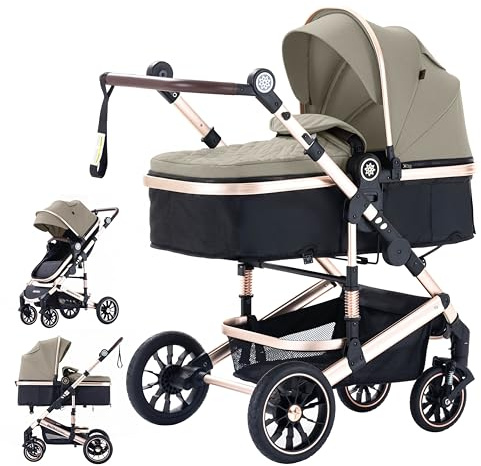Daliya NEOMOVE 2in1 Kinderwagen | Babywanne & Sportsitz in einem | Buggy | Alu-Rahmen Reisekinderwagen | Kombikinderwagen mit großen Einkaufskorb | für Stadt und Gelände (Gold-Beige)