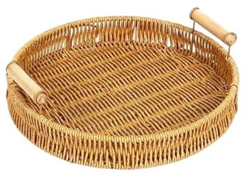 Frutero de ratán, Cesta para Pan con asa de Madera, Cuencos de Mimbre para almacenar, Cesta Tejida Natural para Servir, Cuenco para Pan para Estante, Cesta para Fruta de Mesa de Cocina.
