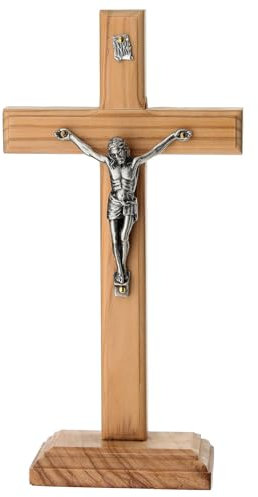 Holyart Crocefisso da Tavolo Legno d'ulivo Nazionale Corpo Metallo 20x10 cm