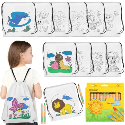 13 Stück Einziehbarer Taschen zum Bemalen für Kinder mit 12 Tierdesigns | 12 Stück Stoffbeutel zum Bemalen, 12 Farben in 1 Set, kreative Mitgebsel für Kindergeburtstag & Bastelspaß