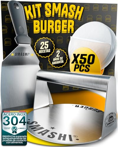 SMASHI® Smash Burger Kit Profesional Acero Inoxidable 304 Certificado EU Contacto Alimentos | Prensa Hamburguesas Smasher + Espátula Smash + 50 Papeles | El Auténtico Kit Smash Burger