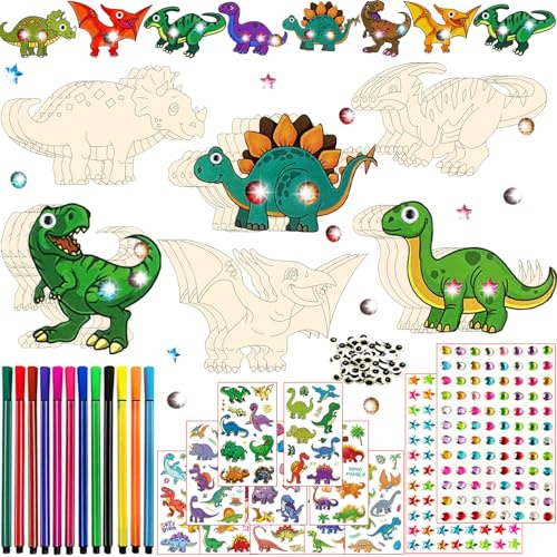 260PCS Dino Bastelset Kinder ab 3 4 5 6 7 8 Jahre, Holz zum Basteln & DIY, Basteln Kindergeburtstag, Dino Mitgebsel Kindergeburtstag mit 24 Holz, 192 Strasssteine, 30 Augen, 12 Farbstifte, usw (B)