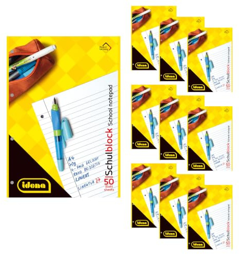 Idena 90387 - Block liniert A4, 10 Stück, Schulblock mit 50 Blatt und Doppelrand, 70g/m² Papier 4-fach gelocht und kopfgeleimt
