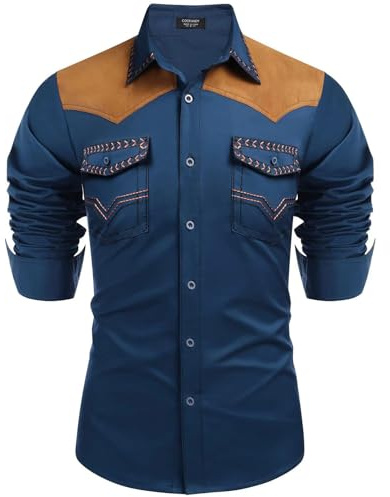 Generisch Camicia Western da Uomo, Camicia da Cowboy a Maniche Lunghe con Bottoni Snap, Ricamo Country, Hippie, Camicia da Tempo Libero, Stretch, Costume da Cowboy, Button Down, O blu., M