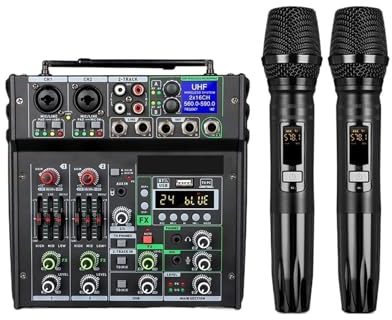 Dual UHF Wireless Microphone DJ Audio Mixer 4 Channel Karaoke USB Bluetooth For Computer Recording Studio Universal Compatibility