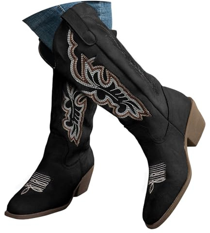 Botas Vaqueras Mujer, Botas Altas de Moda con Bordados Florales Elegantes, Tacón Ancho y Punta Estrecha, Calzado de Cuero Sintético Estilo Western Cowboy, Ideal para Uso Diario, Fiestas Casuales