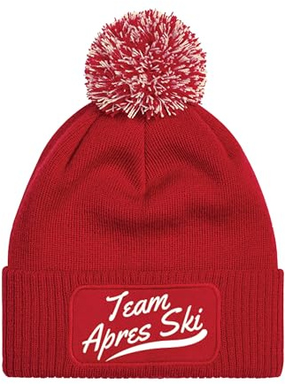 NIMAMA Mütze Beanie Team Apres Ski Strick Bommel Wintermütze Statement Lustiger Spruch Unisex Strickmütze für Herren & Damen