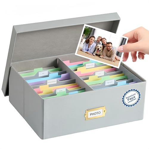 Photo Storage Box with Lid – Premium Faux Leather Organizer with Plastic Dividers, Holds Up to 1800 4x6 Photos, Memory Keepsake Storage Container for Pictures, Cards, Crafts & Scrapbook Supplies