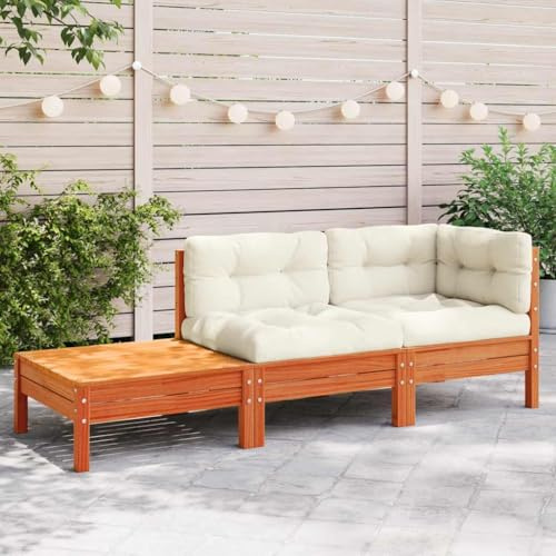 LoogCape Gartensofa mit Kissen und Fußhocker, Massivholz Kiefer, 2-Sitzer Chaiselongue, 189x63x62,5 cm, Cremefarbene Kissen, Modulares Outdoor Möbel Set für Terrasse und Balkon