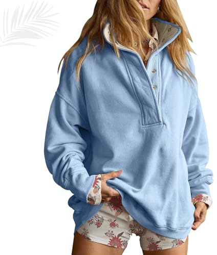 Överdimensionerad tröja för kvinnor vinter vardaglig långärmad hockneck Henley pullover topp knapp v-ringad tröja, BLÅ, M