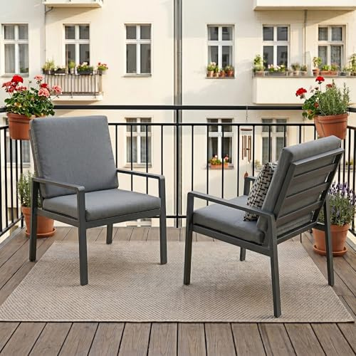 Atenza Gartenstühle Alu 2er Set, Gartensessel mit 6cm dicken Polstern, wetterfeste Essstühle für Außenbereich & Terrasse, Moderne Balkonstühle mit Armlehne, bis 140kg belastbar (Grau, 2 Stück)