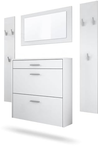 InnoFurn Garderoben-Set Roma Air 4-teilig, Moderne Flurgarderoben Set mit Schuschrank, 2 Wandpaneele und Wandspiegel für Flur & Eingangsbereich,Weiß matt