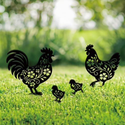 SUPERDANT 4 Stück Hühner Gartenstecker Schwarz Silhouette Außenbereich Eisen Kunst Deko Gartenstecker Metall Statuen Ornamente Gartendeko für Hinterhof Parks Rasenflächen Außenbereiche