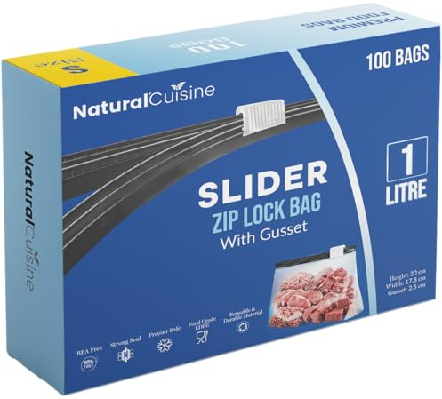 100 Slider Food Storage Zip Lock Bags – sandwich bags Expandable Gusset, BPA Free, Reusable, Freezer & Fridge Safe 1 Litre Bags, Small Bags