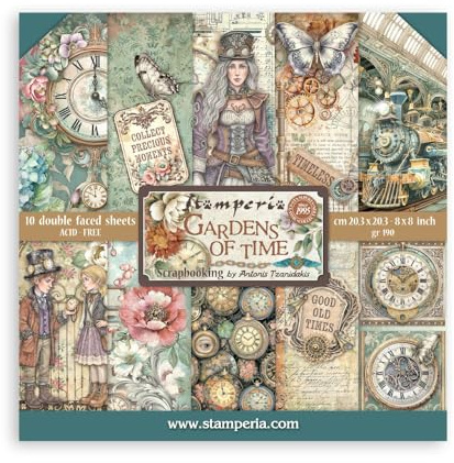 Stamperia - Scrapbook Paper Pad for Scrapbooks, Albums, Cards, Bullet Journals and More, Acid Free, Double-Sided, Perfect for Hobbies, Crafts, and Gifting (Gardens of Time) (20.3 x 20.3cm)