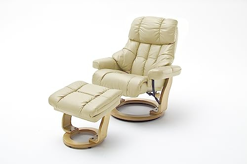 Robas Lund Sillón de Relax Calgary XXL con Taburete, soporta hasta 180 kg, Piel auténtica, Color Crema, Estructura de Madera Natural