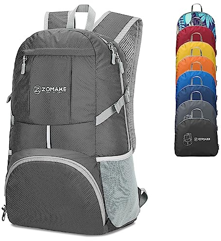 ZOMAKE 35L Leicht Faltbarer Rucksack Packbare Backpacks,Kleiner Rucksäcke Wanderrucksack Wasserdicht für Damen Herren Outdoor Wandern(Dunkelgrau A)