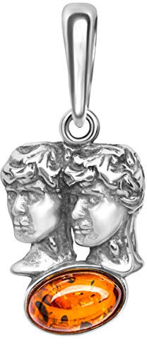 ANDANTE Premium Collection - Echter OSTSEE Bernstein Kettenanhänger in 925 Sterling Silber Sternzeichen ** Zwillinge ** Zertifiziert - Gold des MEERES - Farbe Cognac