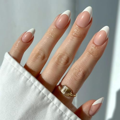 Glamnetic Press On Nails - Ma Damn | French Tip, UV Finish Short Pointed Almond Shape, Reusable Semi-Transparent Nails in 12 Sizes - 24 Nail Kit with Glue