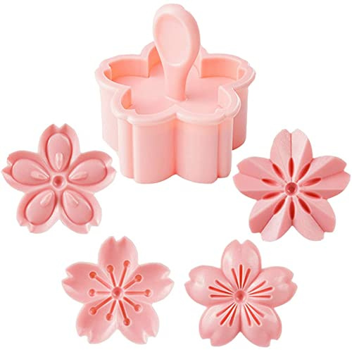 5Pcs/Set Cookie Mold Stampers Cherry Blossom Pastry/Fondant Cutters Flower-Shape Hand Pressure Pastry Mould for Sakula Cookies, Sugarcraft Cake Decoration, Polymer Clay, Chocolate (Pink)