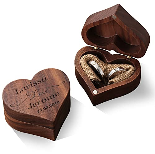 Personalisierte Ringschatulle aus Holz, Ringhalter mit magnetischem Verschluss, für Hochzeitsringe, Paare, Geschenke für Antrag, Verlobung, Name, Herzform, Walnuss