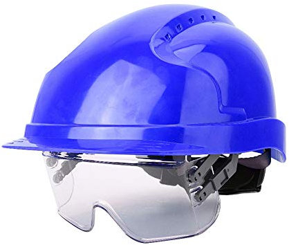 Schutzhelm, 4-Farbiger Optionaler Hard Hat Defender mit Visier, Schutzhelm mit 6-Punkt-Gurt für Den BAU von Brückenhäfen(Blau)