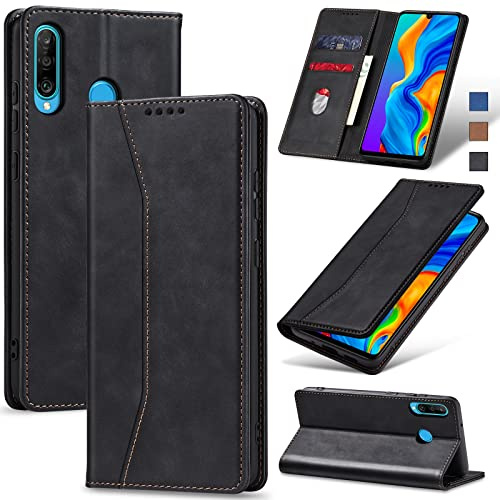 Jasonyu Wallet Case for Huawei P30 Lite, Flip PU Leather, Black | Card Holder, Kickstand, Magnetic Closure, Shockproof TPU, Folio Flip Phone Cover