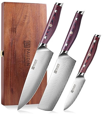 PAUDIN Messerset Küchenmesserset 3-tlg - Damastmesser Set aus 67 Schichten Damaszenerstahl mit Ergonomischem G10 Griff und Holzbox - Profi Messerset mit Chefmesser Hackmesser Gemüsemesser