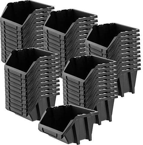 KADAX Caja apilable para taller, pequeña caja clasificadora de plástico PP, en diferentes tamaños y colores, cajas de almacenamiento para pared (negro, juego de 50 unidades, 272 x 238 mm)