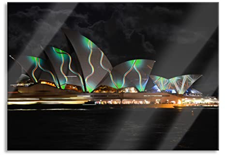 Pixxprint Glasbild, Wandbild aus Echtglas, Sydney Opera House Beleuchtung, 80x60 cm, inkl. Aufhängung und Abstandshalter