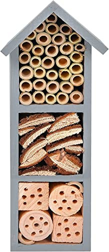 UR CHOICE Deluxe Grey Wooden Insect House - Natural Wood Garden Shelter - Nesting Habitat for Bees, Ladybirds, Butterflies & More - Bug Hotel - Eco Friendly Outdoor Wall Mounted Insect Home